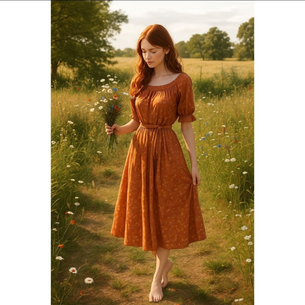 Ces Femme XS Orange Floral Midi Dress Ruffle Smocked Bohemian Cottagecore Dress